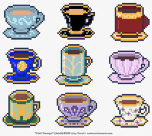 9 teacup designs in an 8-bit style by Amy Crook