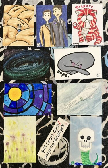 a variety of sketch cards by Amy Crook