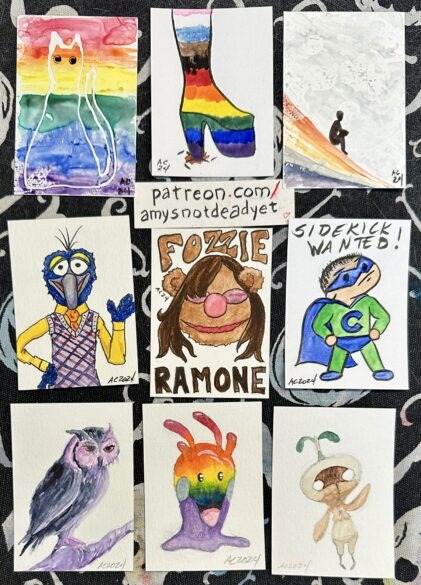 9 sketch cards by Amy Crook