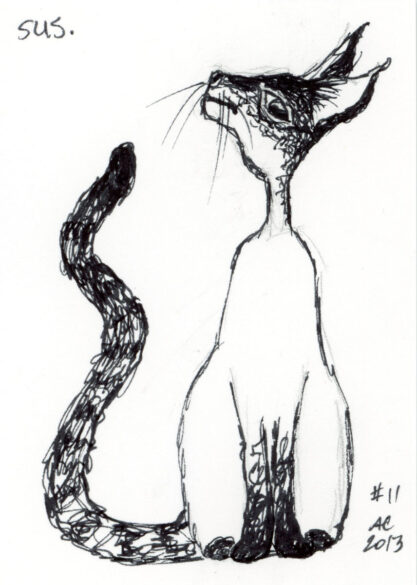 an ink-drawn cat with siamese markings giving side eye