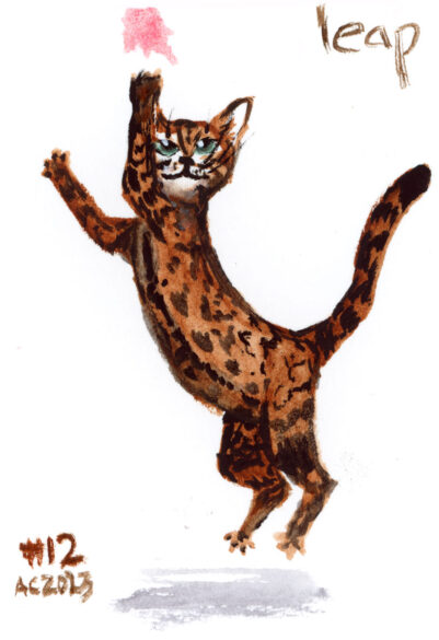 a drawing of an orange spotted cat jumping at a toy