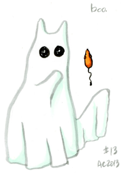 a drawing of a ghost cat levitating an orange mouse toy