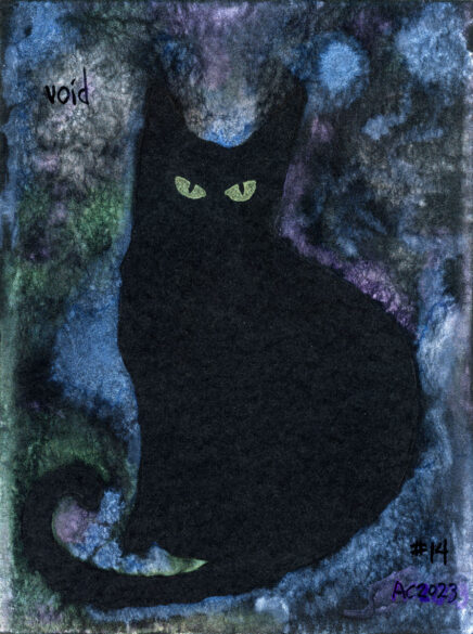 a painting of a black cat surrounded by shimmering abstract shapes