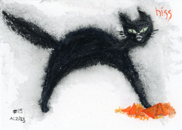 a stylized painting of a black cat arching and hissing