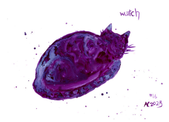 a painting of a purple cat loafing with its back to the viewer