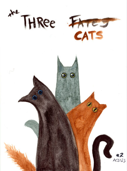 three abstract cats in different colors with varying eyes, tails, and ears.