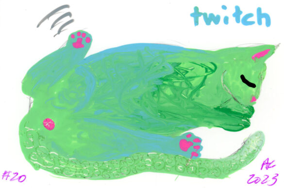 marker sketch of a green cat twitching in its sleep