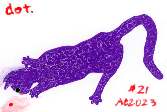 sketch card of a purple cat chasing the red dot