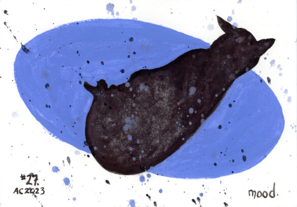 art of a black cat sleeping on an oval periwinkle rug