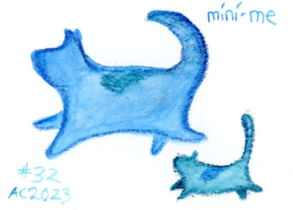 one large blue cat and one smaller blue-green cat painted in pastel watercolors