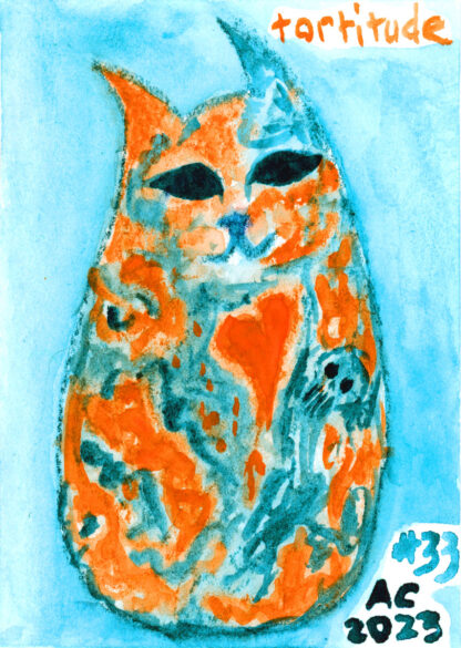 an abstracted drawing of an orange and teal tortoiseshell cat with black eyes, an enigmatic smile, and tattoo-like markings