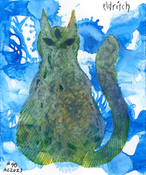 a strange sparkly eldritch cat with three eyes against a splashy blue background