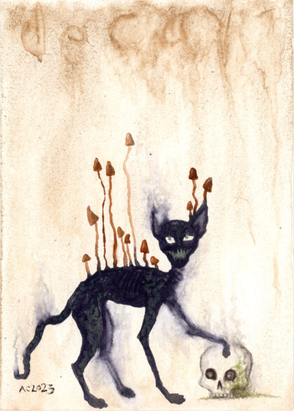 watercolor of a skinny black cat growing mushrooms with its paw on a skull