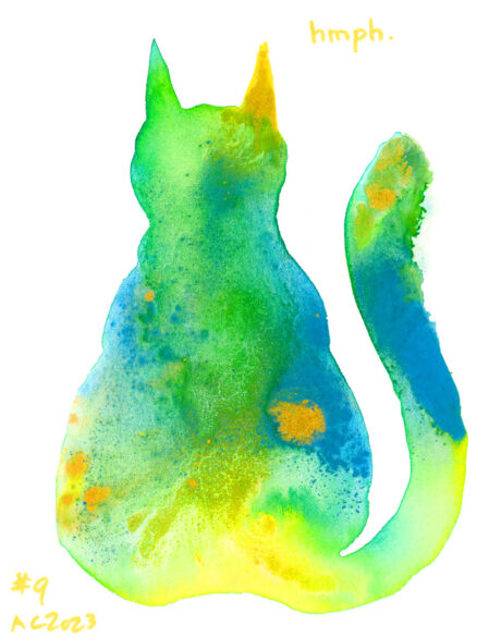 silhouette of a sitting cat filled with abstract color in a yellow-green-blue palette