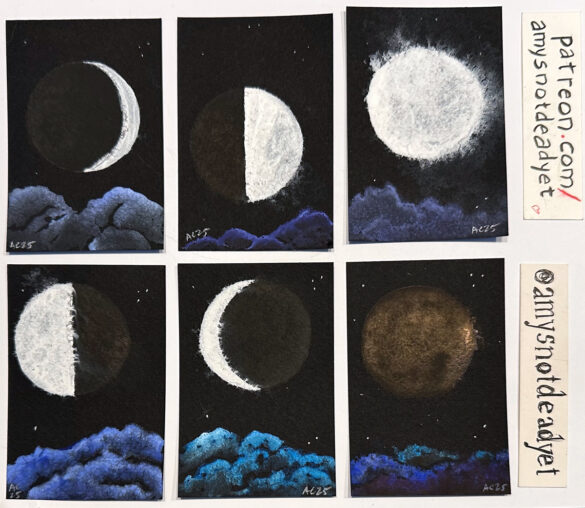 6 moon phase sketch cards by Amy Crook